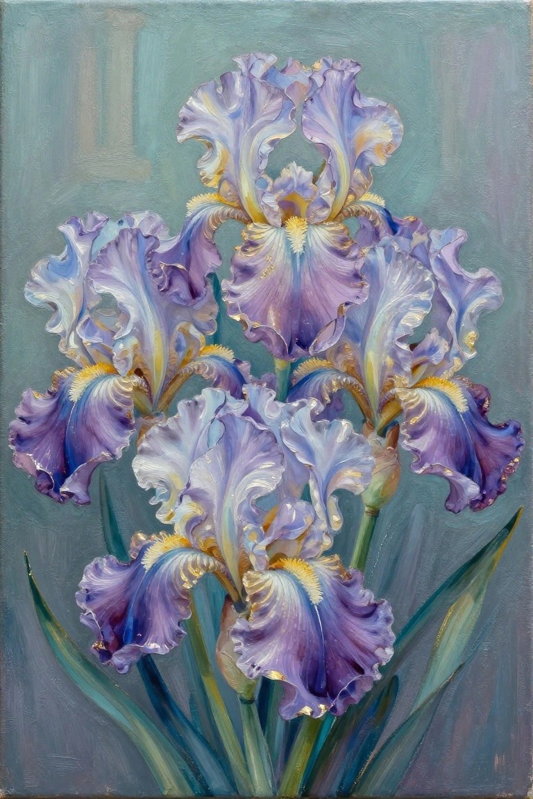 Vivid purple irises with ruffled petals and yellow accents on teal background