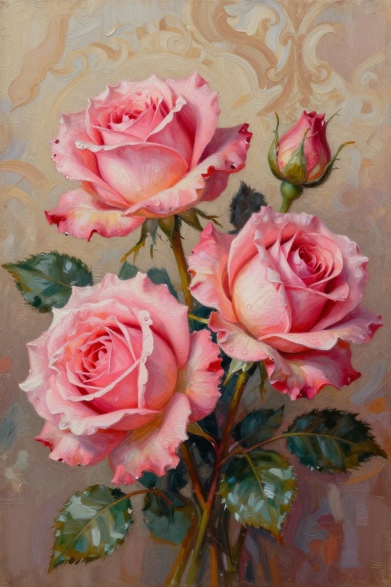 A painting of several pink roses with water droplets, green leaves, and two buds against a soft patterned background.