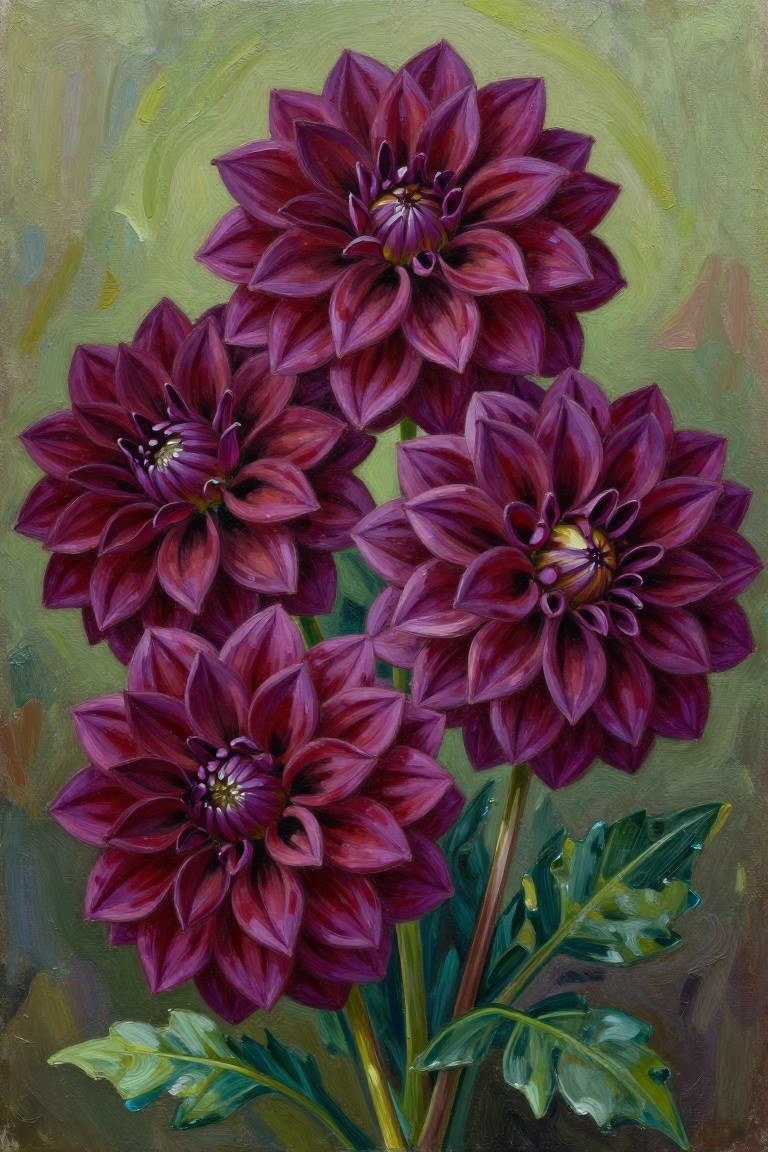 Deep purple dahlias blooming on green stems with lush leaves