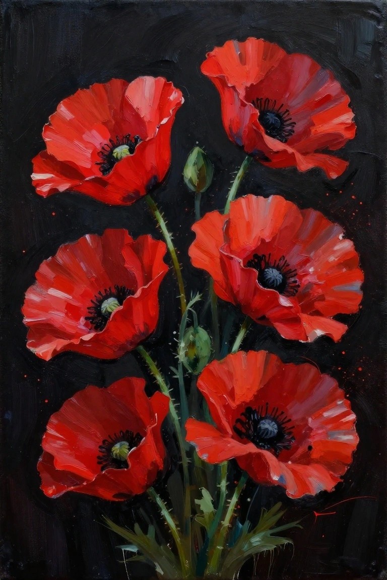 Vibrant red poppies with black centers on green stems against black background