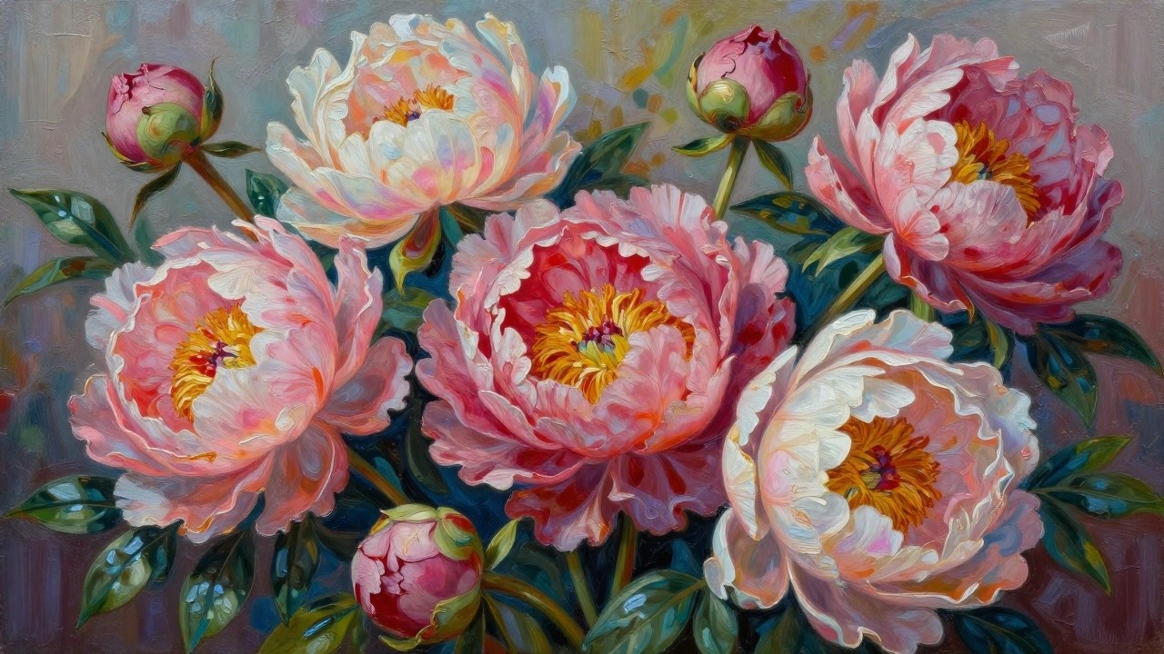 An oil painting of white and pink peonies with green leaves in a vase against a soft gray background.