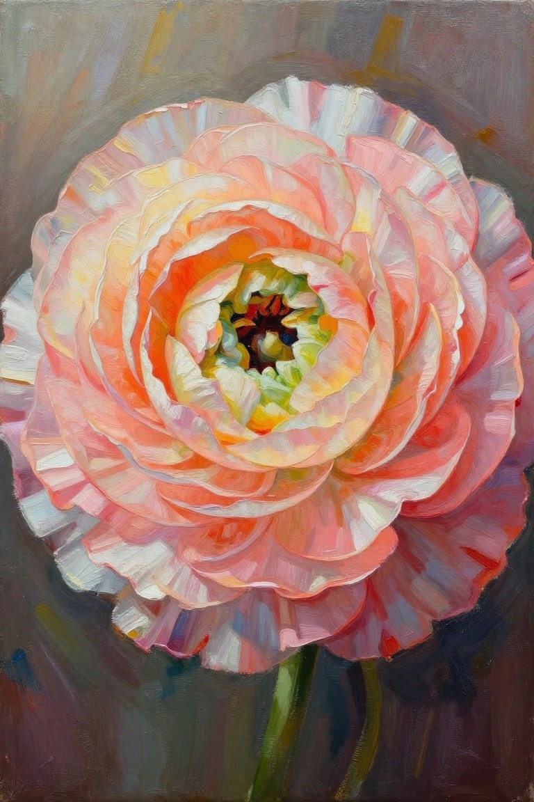 A close-up painting of a pink and orange flower with many layered petals and a dark center against a muted background.
