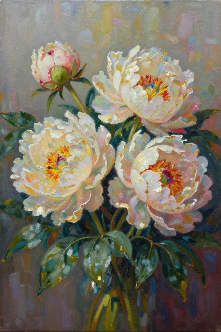 An oil painting of white and pink peonies with green leaves in a vase against a soft gray background.
