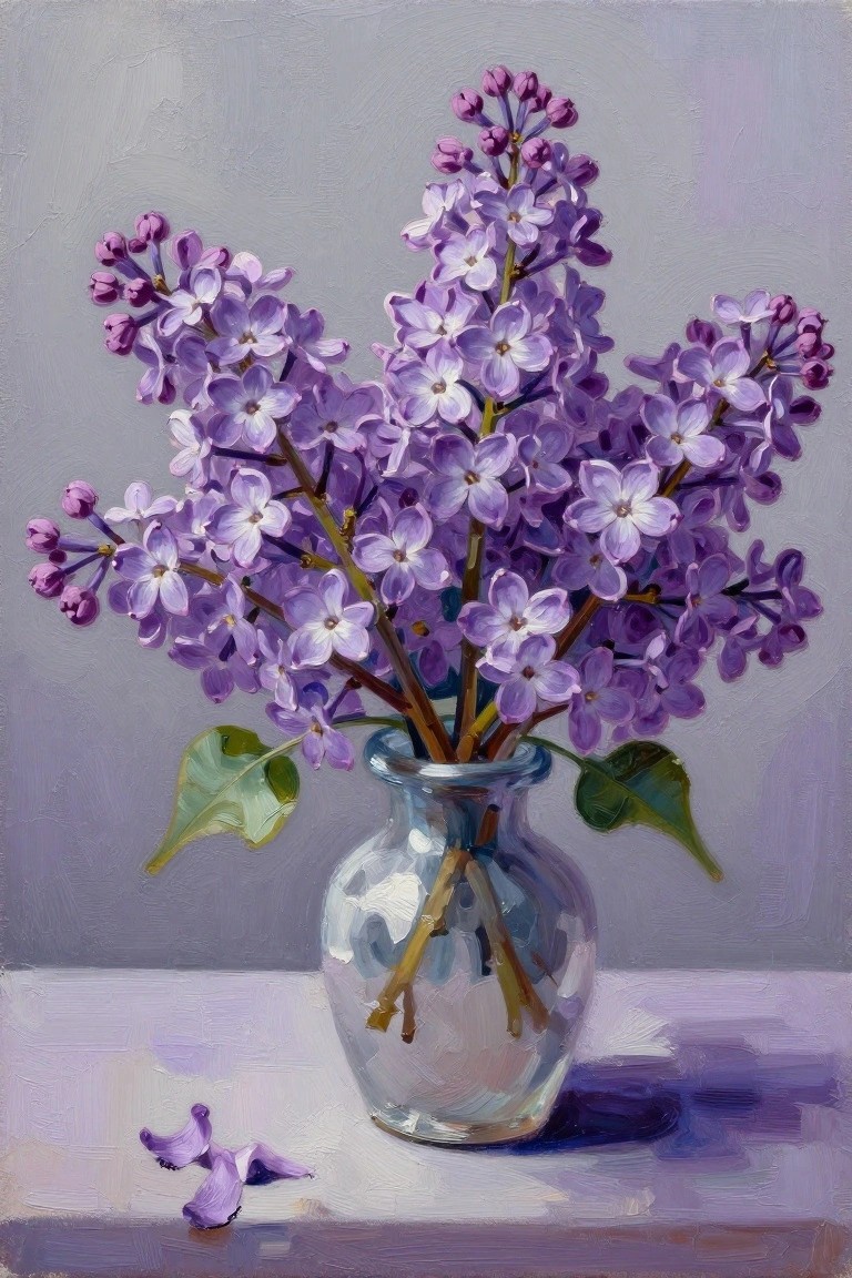 Purple lilacs in a glass vase on a white surface, oil painting style.