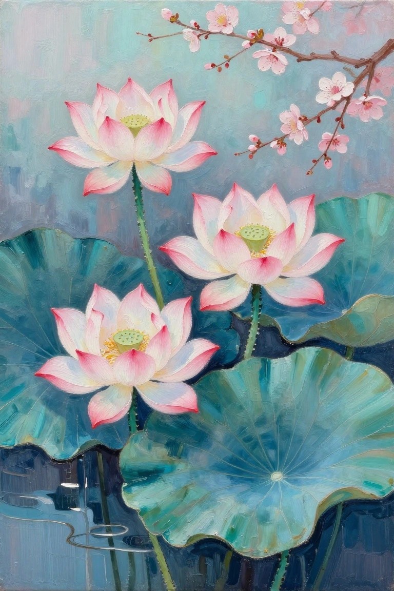 Pink lotus flowers blooming amid large green leaves with cherry blossoms overhead.