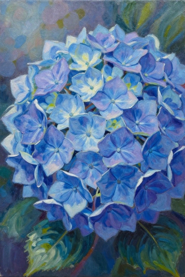 Vibrant blue and purple hydrangea blooms with green leaves in oil painting.