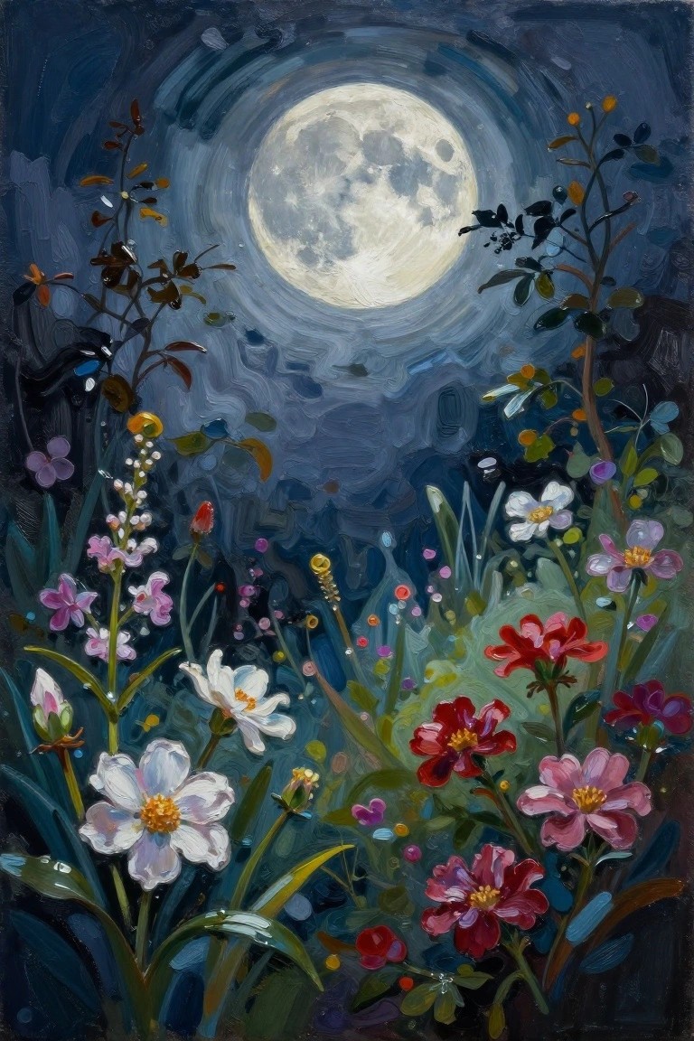 A painting of a full moon in a dark blue sky above colorful flowers and plants at night.