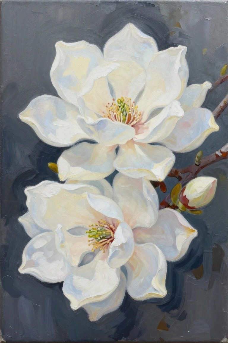 Oil painting of two white magnolia flowers with yellow centers on dark gray background
