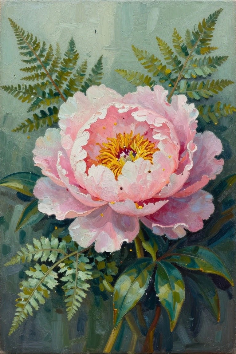 Vibrant pink peony with golden center amid lush green ferns and leaves.