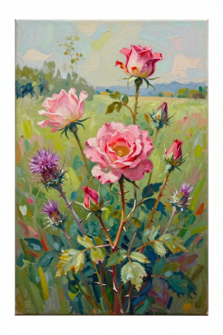Pink roses with thorny stems amid purple thistles in a green meadow painting.