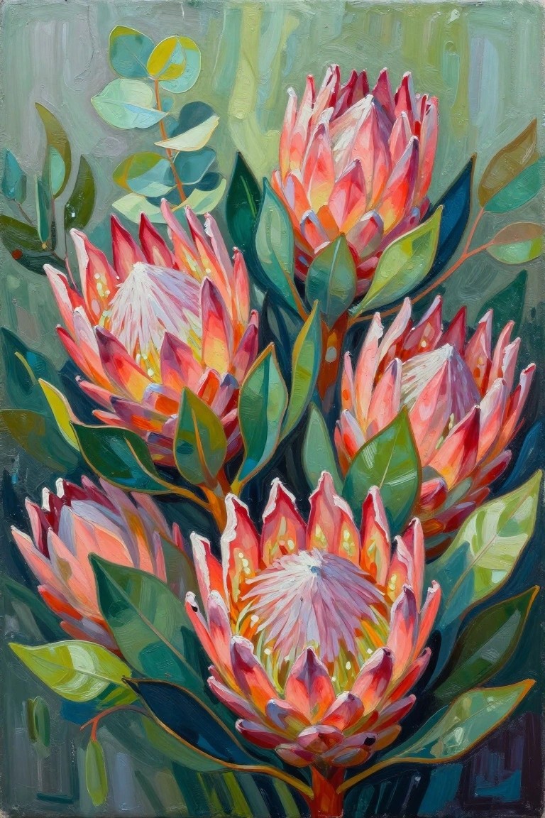 Vibrant pink proteas with lush green leaves in expressive oil painting style.