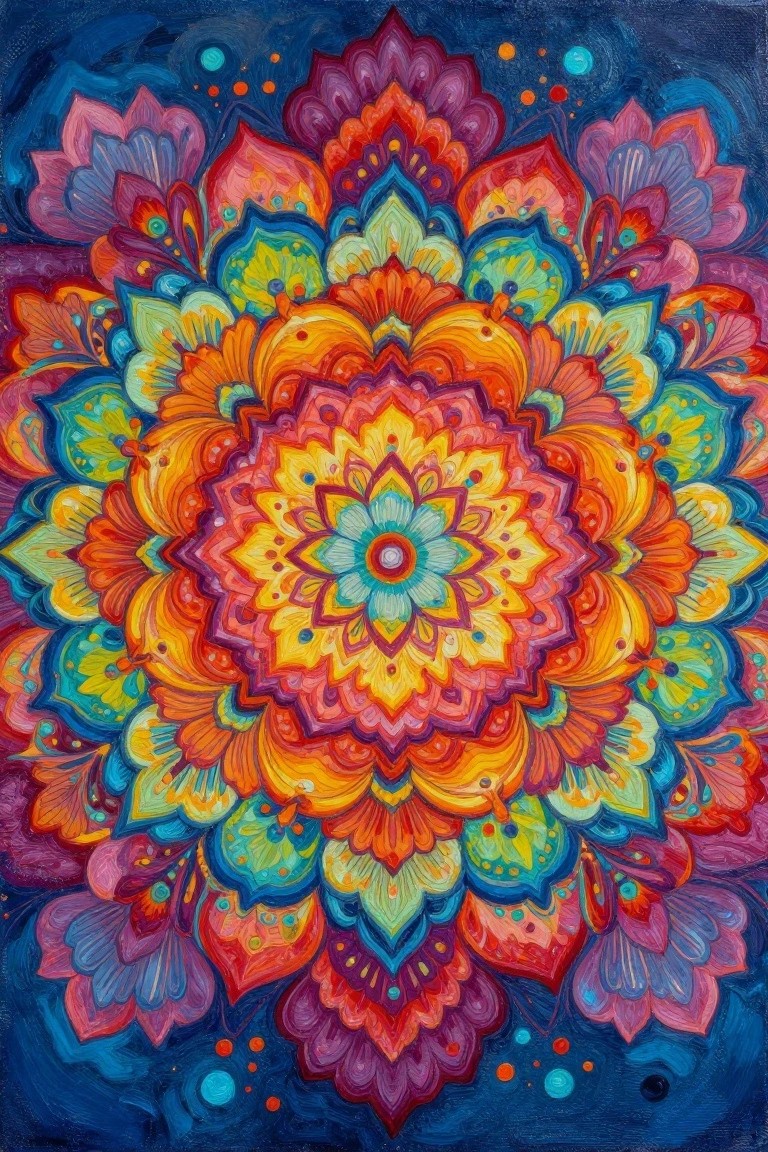 Vibrant rainbow mandala with concentric floral layers and dots on dark blue background