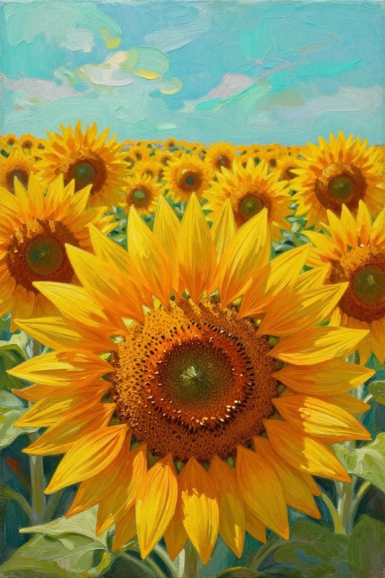 Vibrant yellow sunflowers fill a field under a bright blue sky in oil painting style.