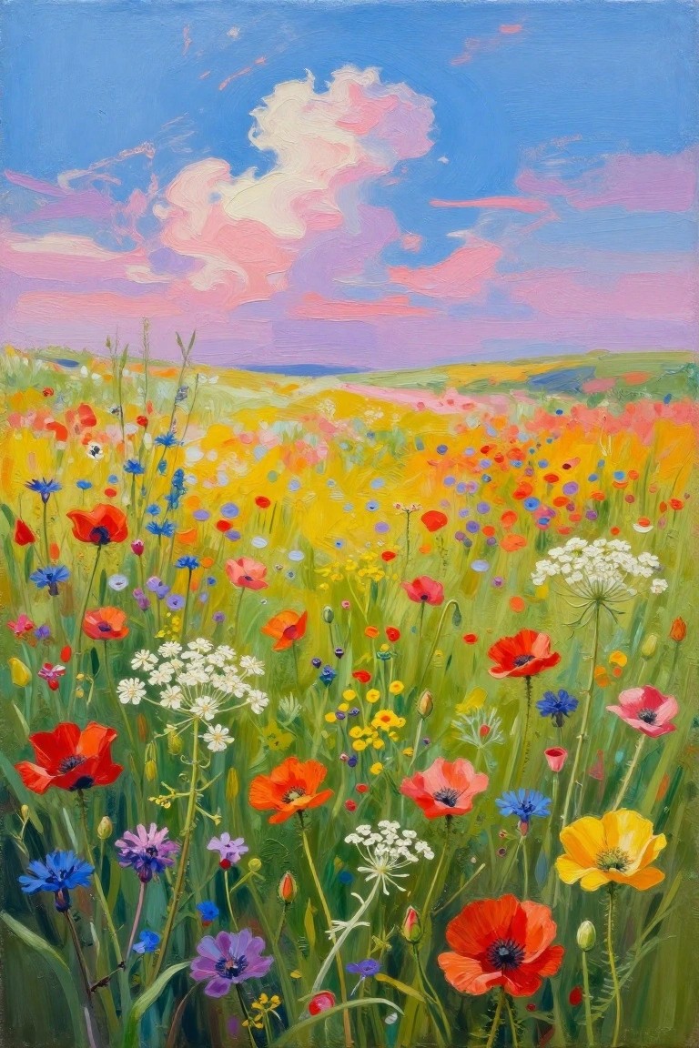 Vibrant wildflower meadow with red poppies and blooms under a pink-clouded sky