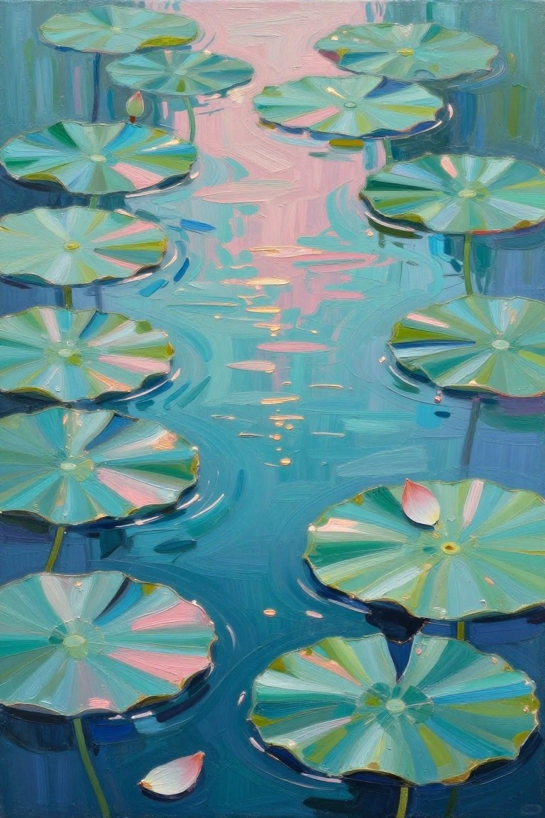 Vivid painting of green lily pads floating on blue water with pink reflections.