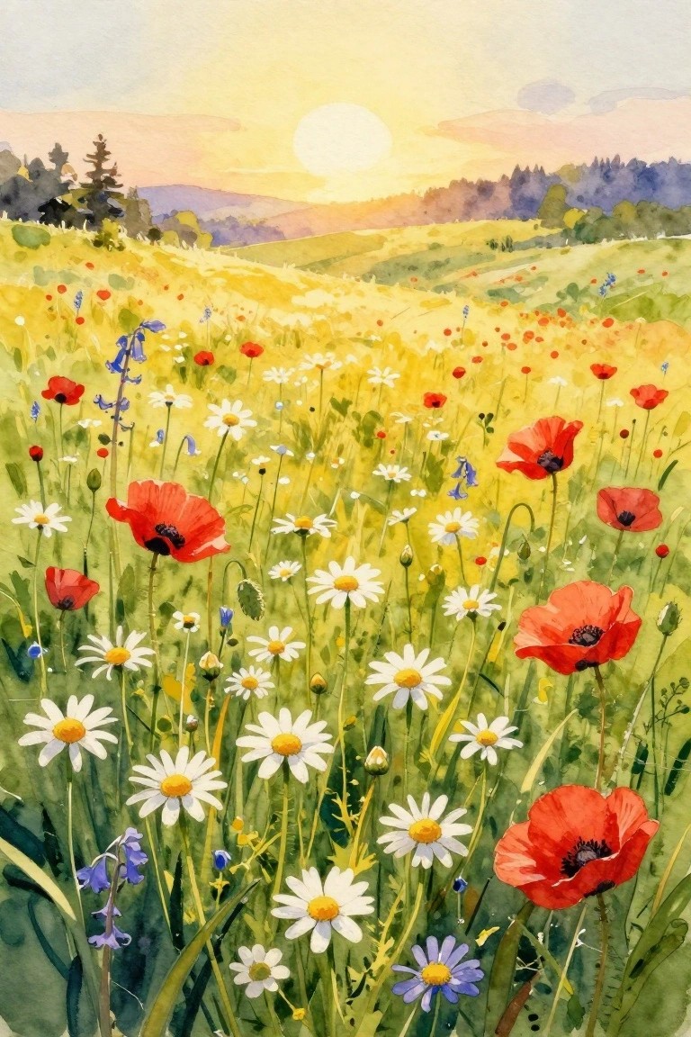 Watercolor meadow of red poppies, white daisies, and blue flowers under a golden sunset sky