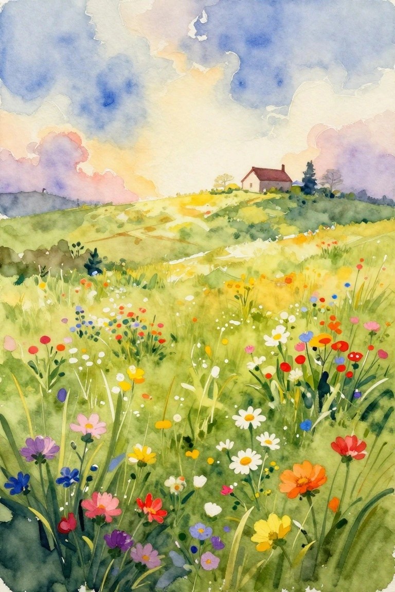 Vibrant watercolor meadow of colorful wildflowers with house on distant hill