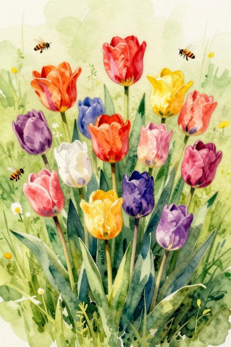 A watercolor painting shows colorful tulips of different shades growing in a green meadow with three bees flying nearby.