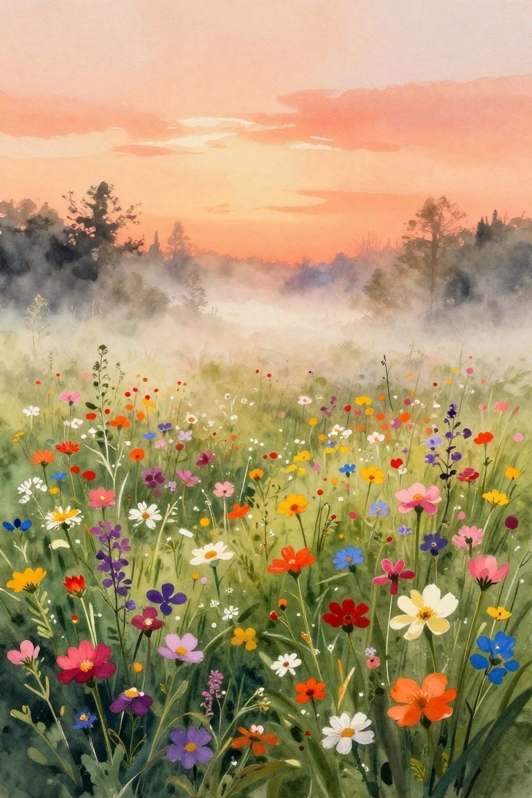 A watercolor painting of a colorful wildflower meadow at sunset with mist and trees in the background.