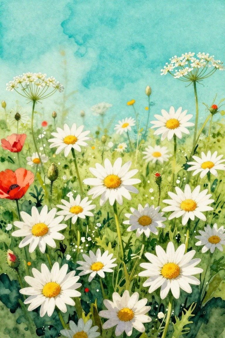 Watercolor meadow of white daisies and red poppies amid green foliage under blue sky.