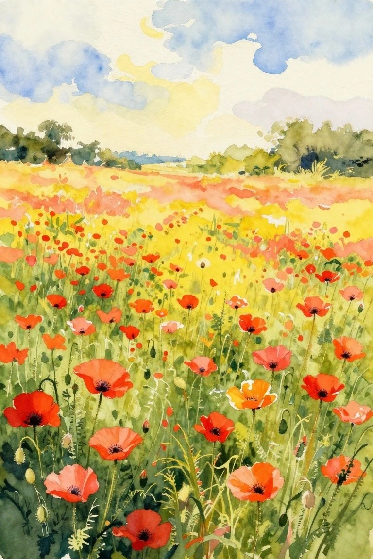 A watercolor painting of a field filled with red and orange poppies, green stems, and a blue sky with clouds above distant trees.