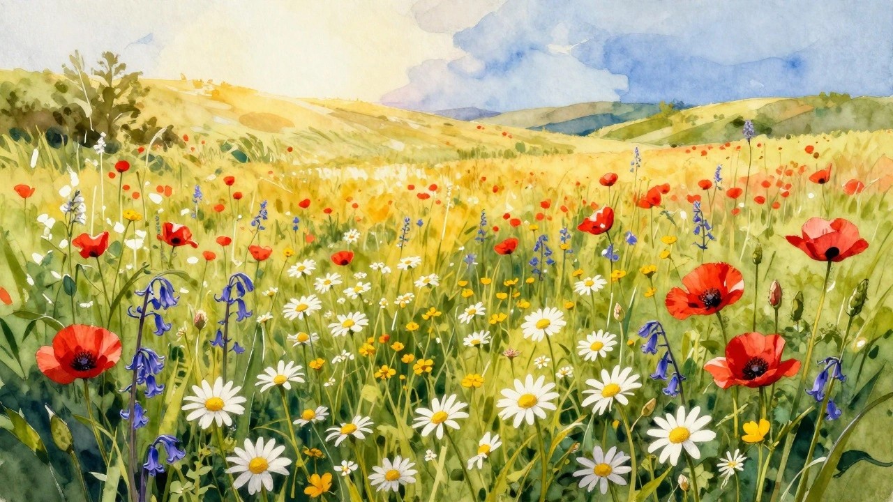 Watercolor meadow of red poppies, white daisies, and blue flowers under a golden sunset sky