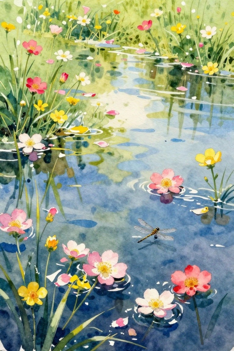 A watercolor painting of a blue pond with pink and yellow flowers floating on the surface, a dragonfly above the water, and green grass and flowers along the banks.