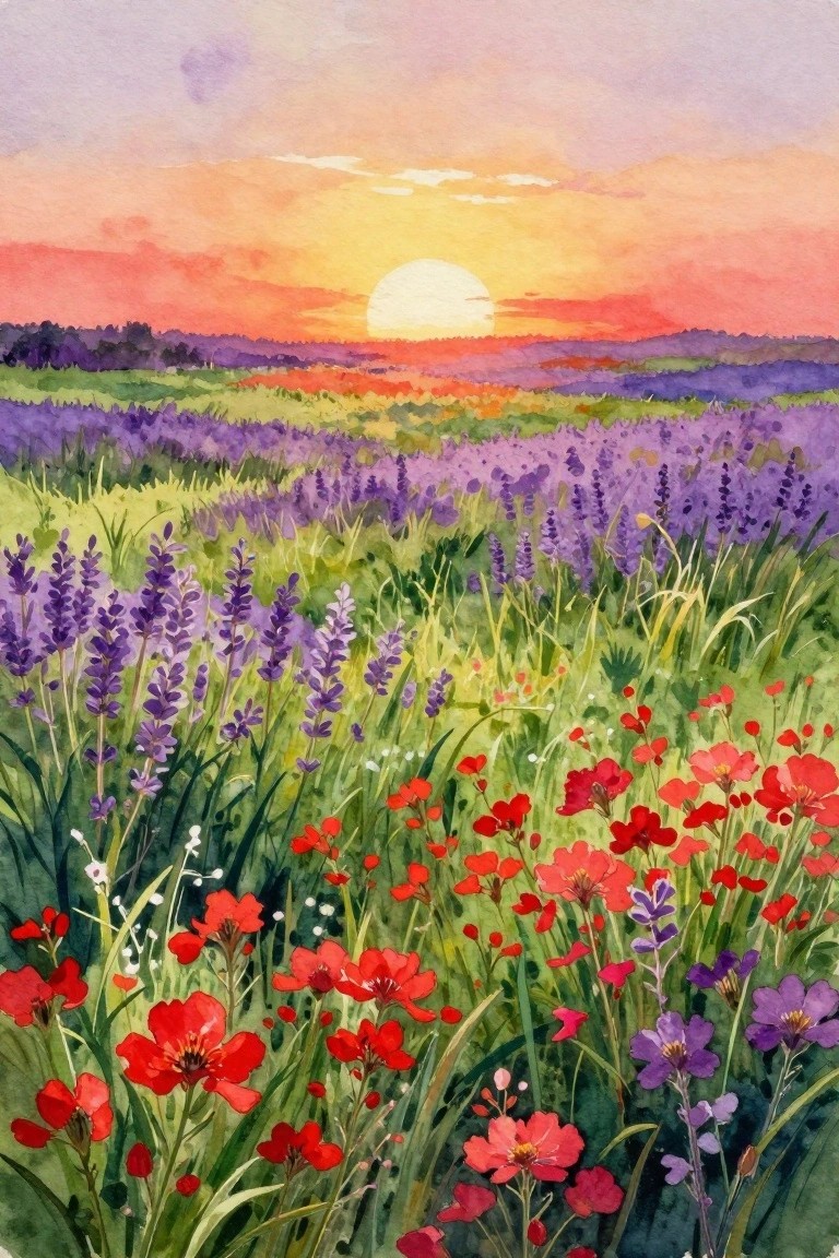 Watercolor painting of a meadow with purple lavender and red poppies in the foreground and a sunset over hills in the background.