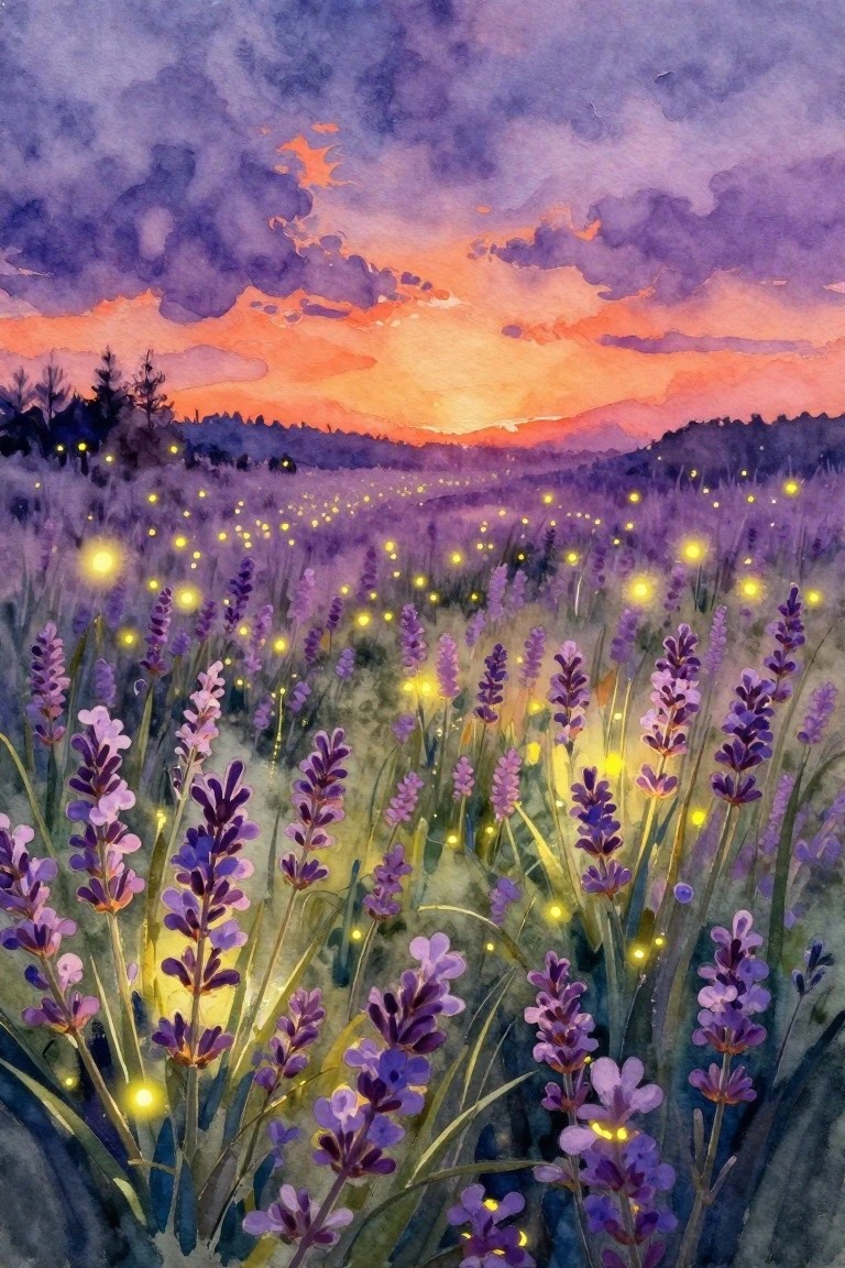 Watercolor of purple lavender field at sunset with glowing fireflies