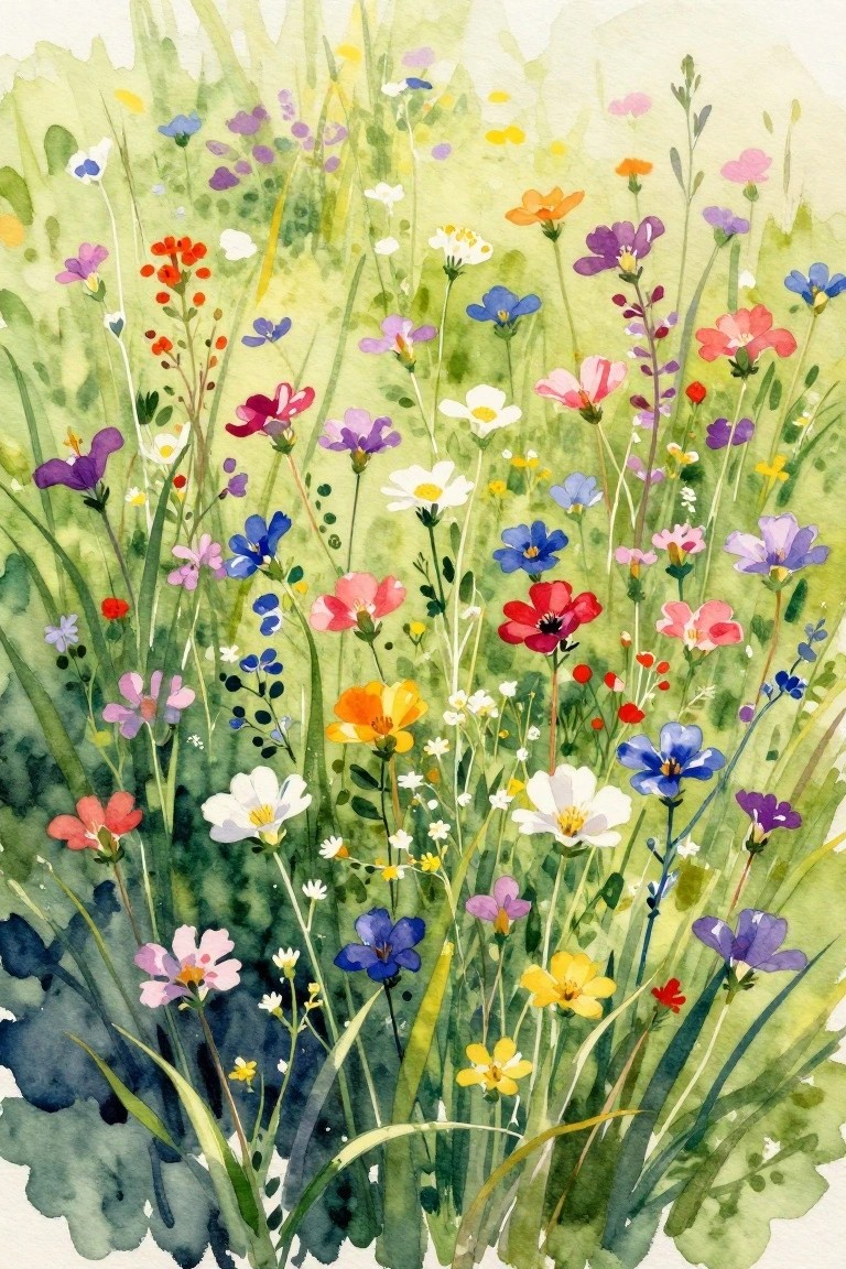 A watercolor painting of a dense meadow filled with colorful wildflowers in red, blue, purple, yellow, and pink among green grass.