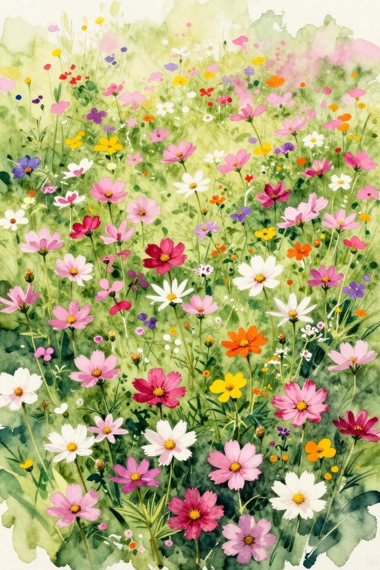 Vibrant watercolor meadow of pink, white, yellow, and orange wildflowers
