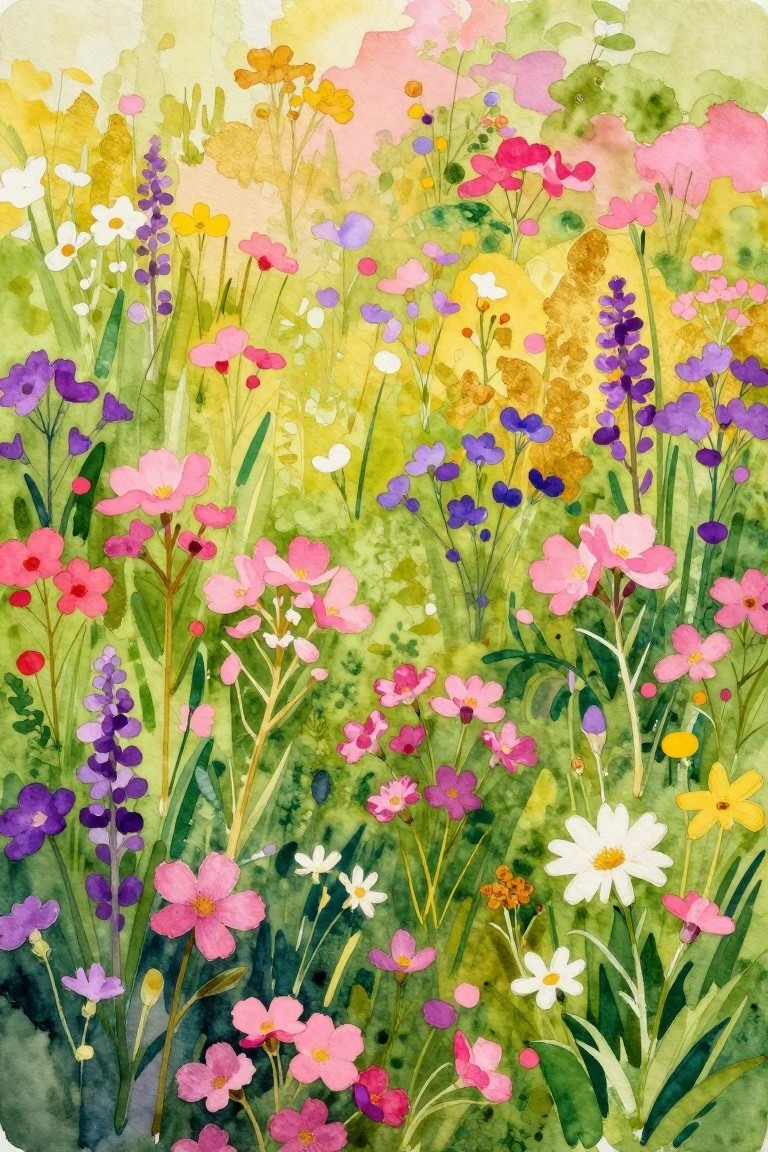 Vibrant watercolor meadow blooming with pink, purple, yellow, and white wildflowers.