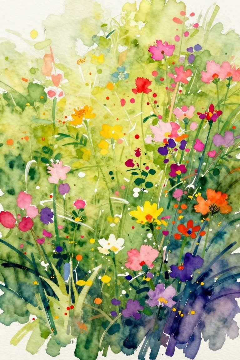 Vibrant watercolor wildflowers in pink, yellow, orange, and purple amid green foliage