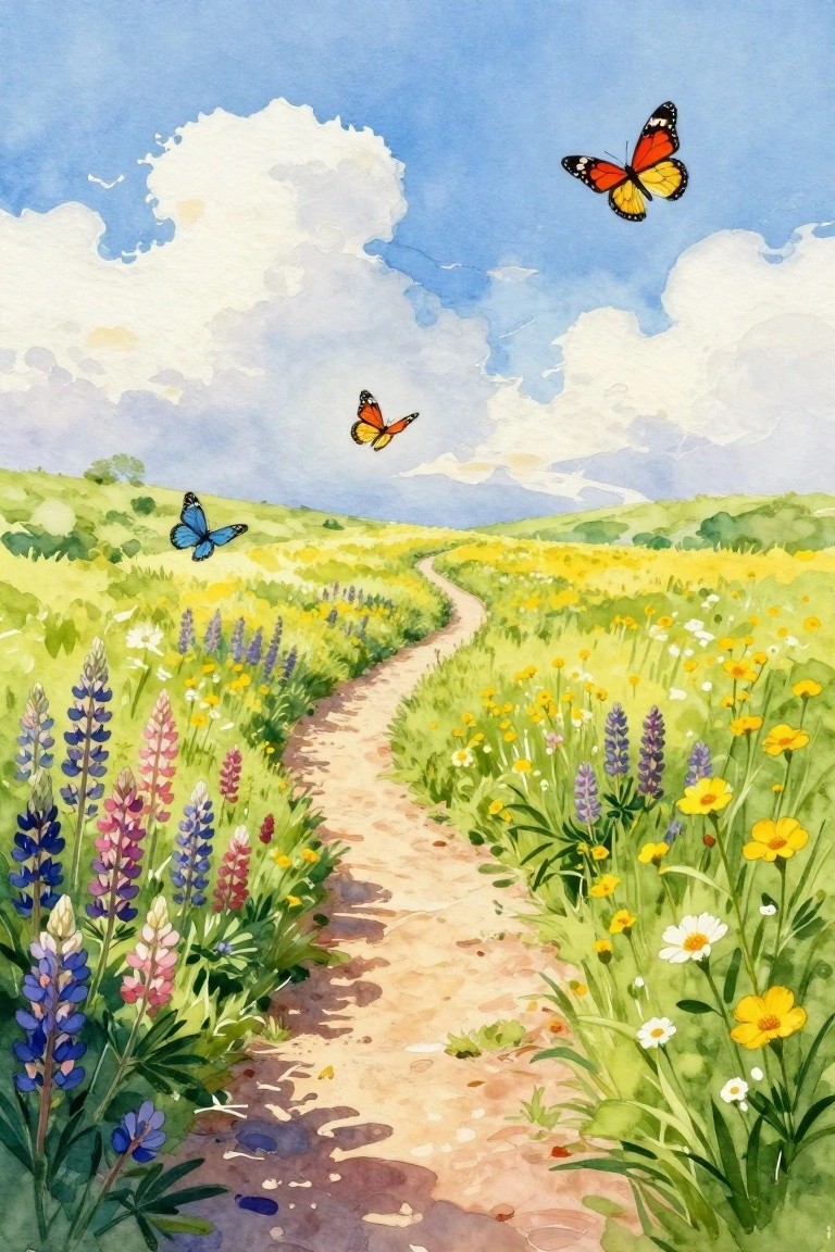 A watercolor painting shows a winding dirt path through a meadow of colorful wildflowers with several butterflies flying above under a blue sky with clouds.