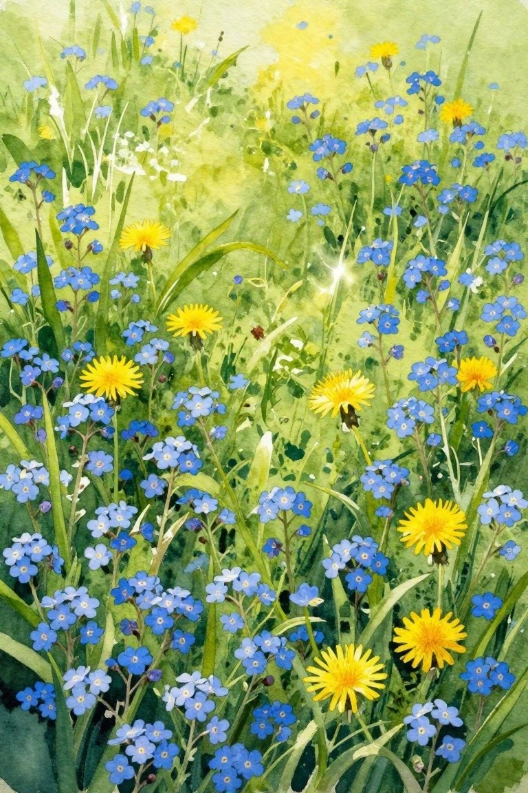 A watercolor painting of a meadow filled with many small blue flowers and several yellow dandelions among tall green grass.