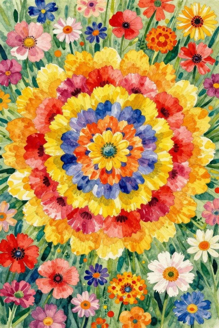 Vibrant watercolor floral mandala with concentric rainbow petals and blooms