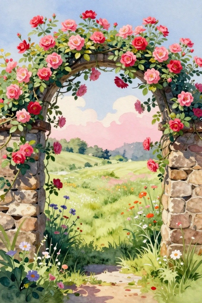 Rose-covered stone arch framing a path through a blooming meadow at sunset