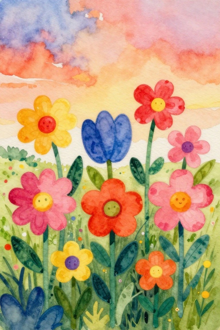 Colorful watercolor flowers with smiley faces blooming in a grassy meadow at sunset.