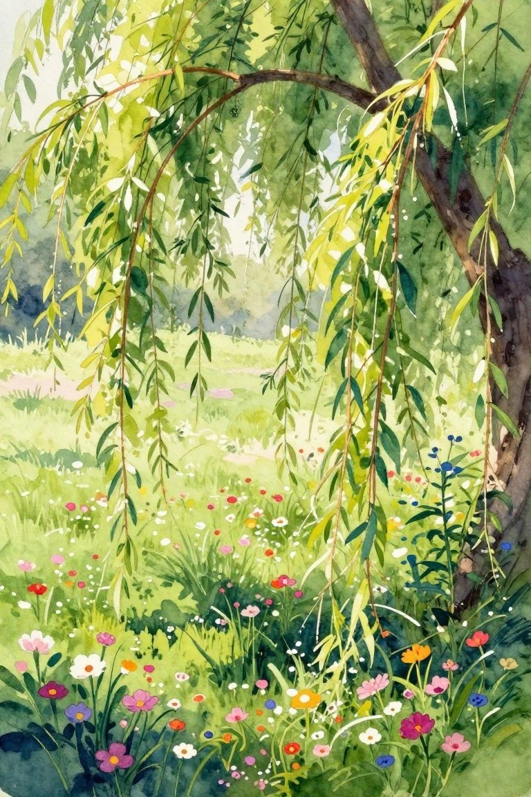 A watercolor painting of a weeping willow tree with hanging green branches over a meadow filled with colorful wildflowers.