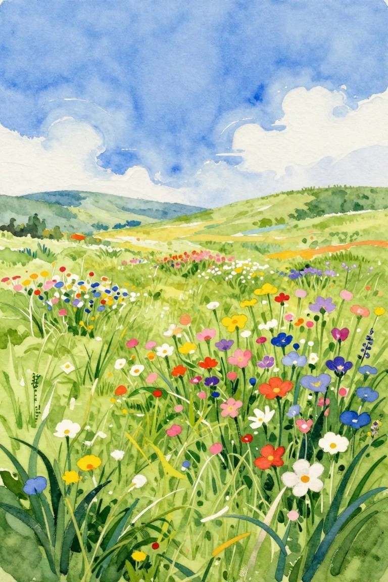 Watercolor meadow of colorful wildflowers blooming across green hills under blue sky.