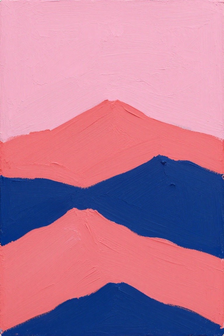 Abstract painting of layered pink and blue mountain-like shapes with thick brushstrokes.