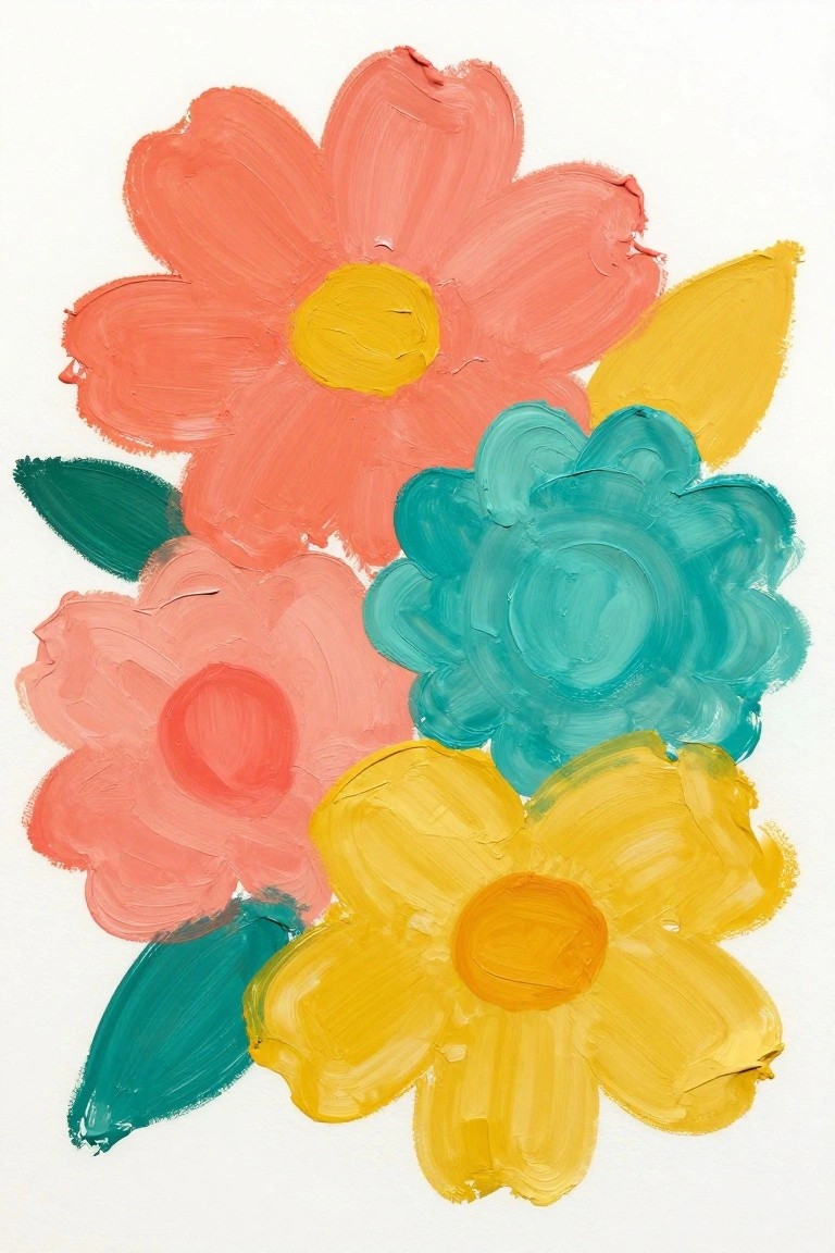 Vibrant abstract floral painting with coral, pink, yellow, and teal flowers.