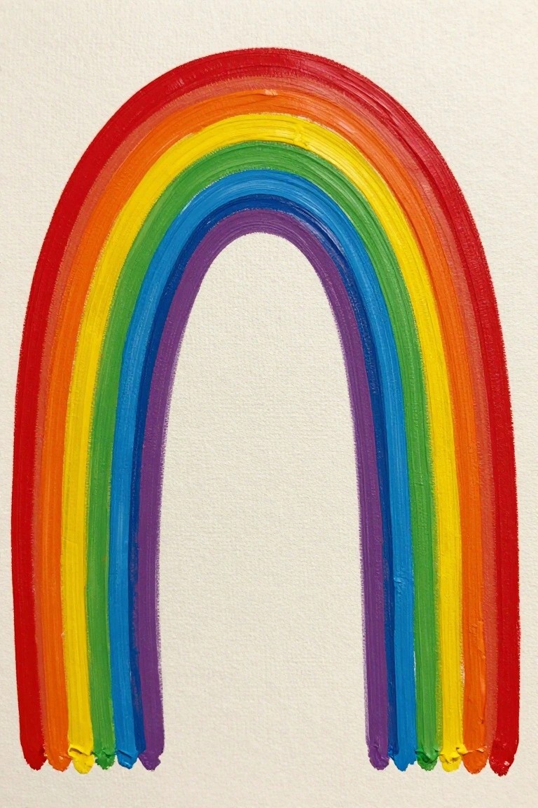Vibrant rainbow arch with bold red orange yellow green blue purple brushstrokes on white canvas