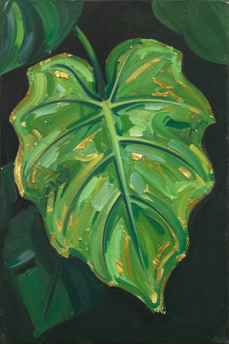 Thickly textured green leaf painting with gold highlights on black background