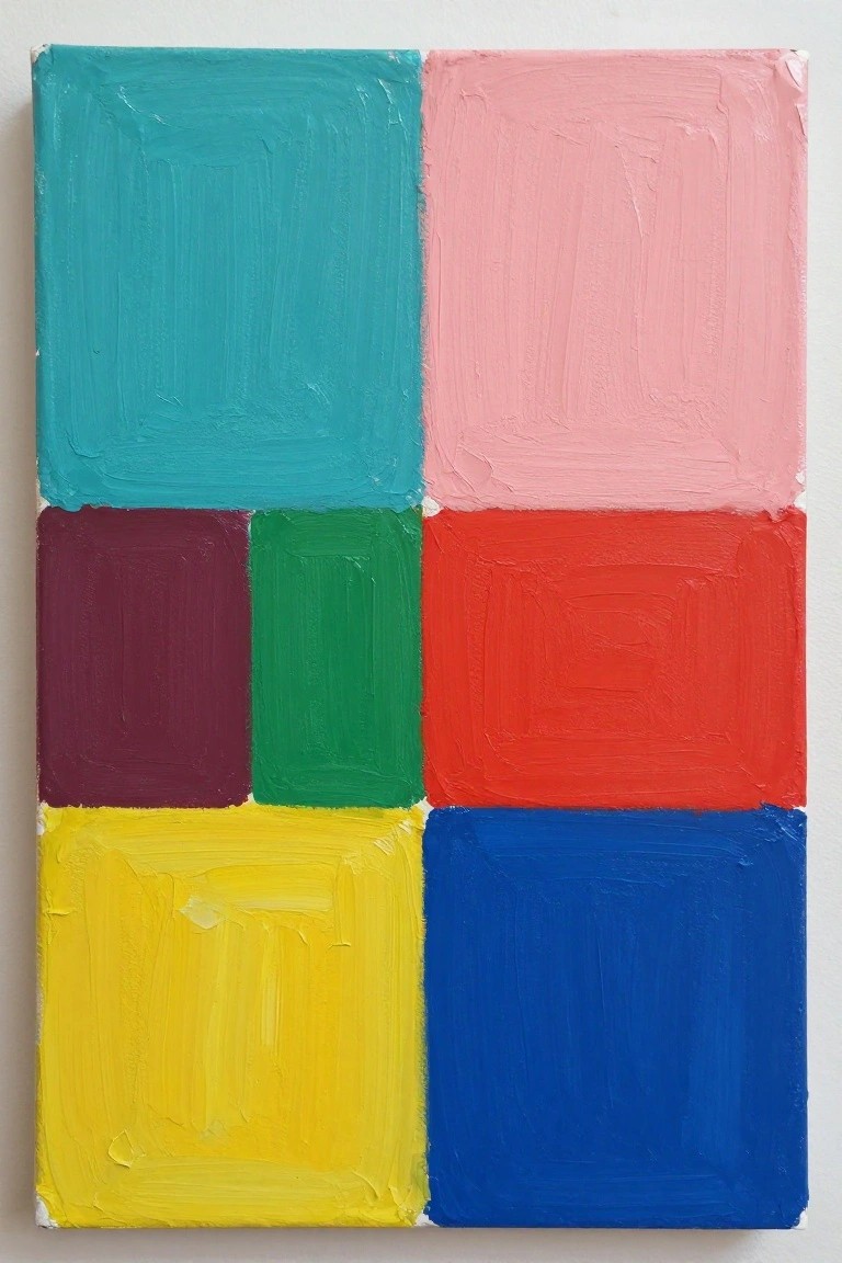 Abstract painting of vibrant colored rectangles in teal, pink, purple, green, red, yellow, and blue.