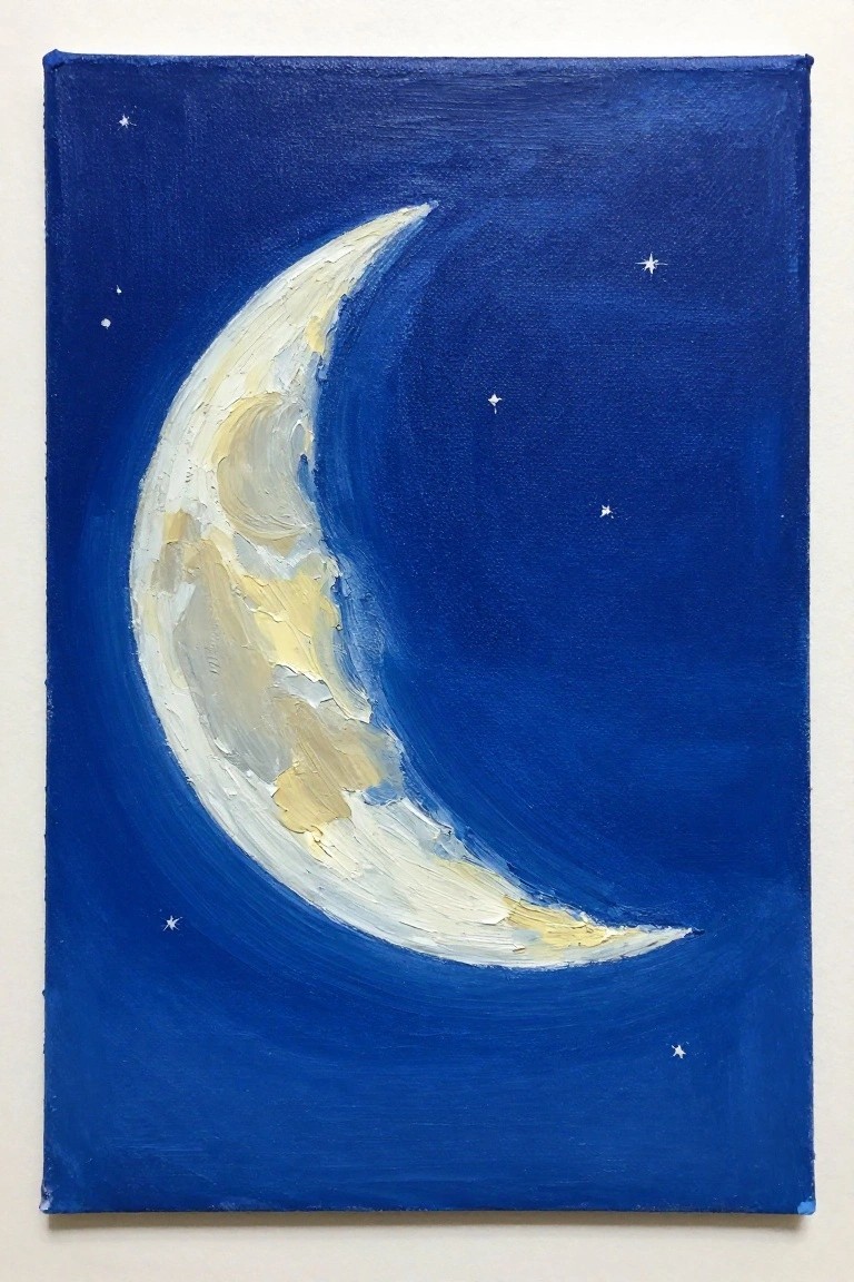 Textured crescent moon in white and gold tones against deep blue starry sky