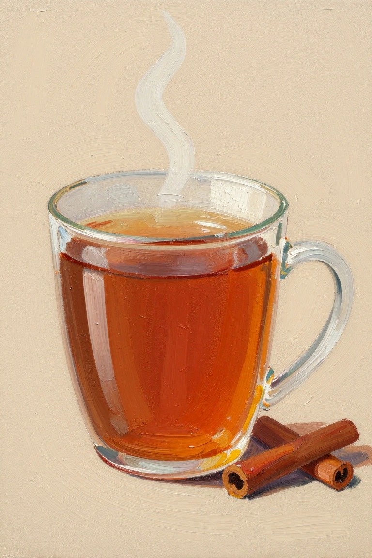 A painting of a clear glass mug filled with brown tea, steam rising from the top, and two cinnamon sticks lying next to the base on a light surface.