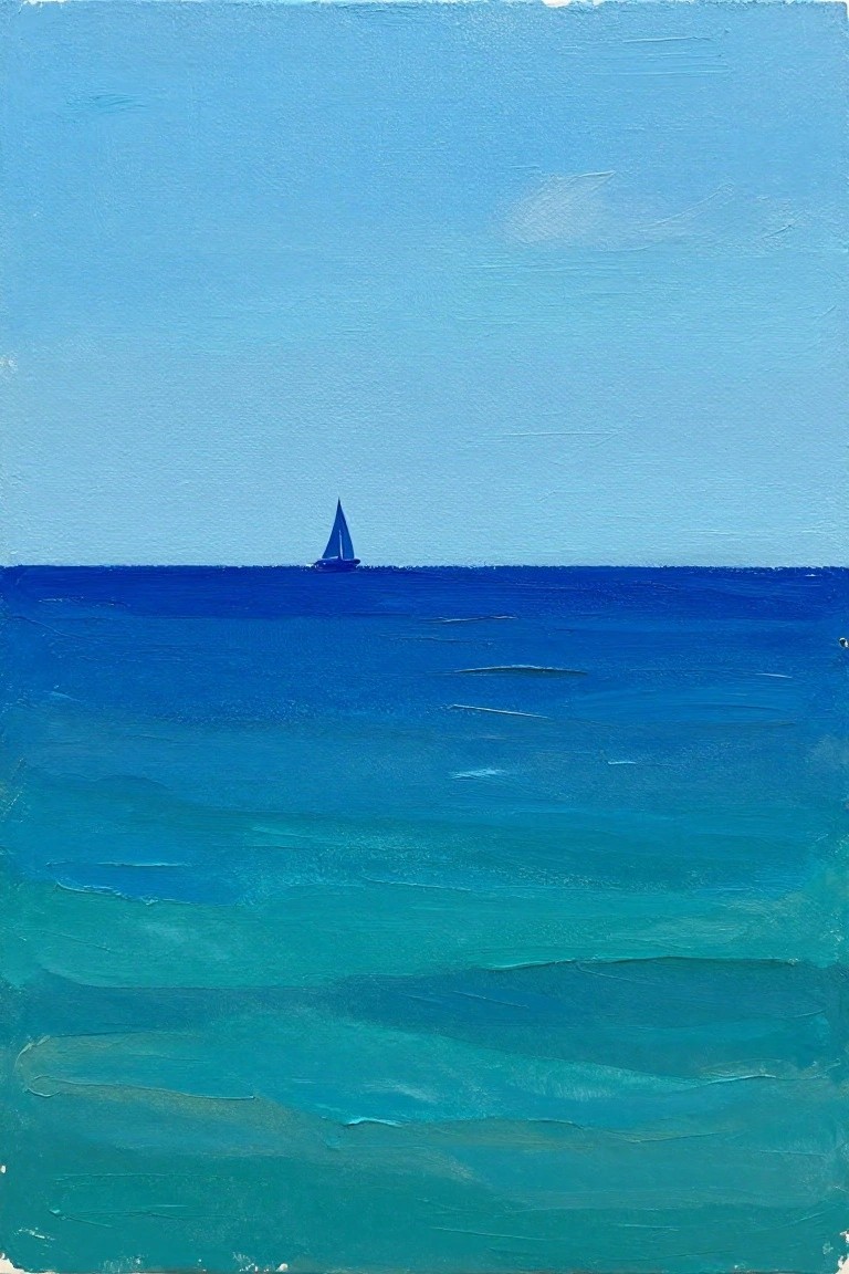 Minimalist painting of distant sailboat on layered blue and turquoise ocean waves