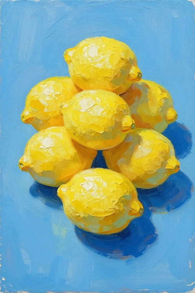 Yellow lemons piled on blue surface with thick, textured brushstrokes and shadows.