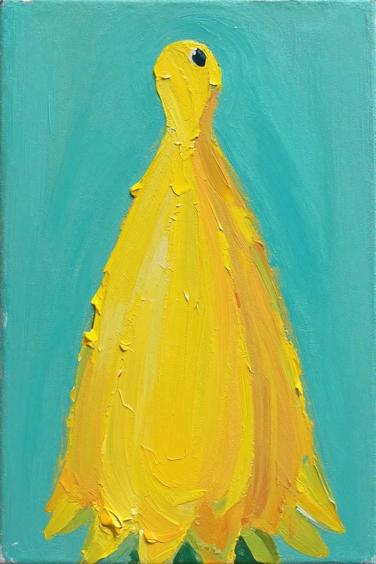 An acrylic painting of a yellow textured bird-like figure with one black eye on a teal background.
